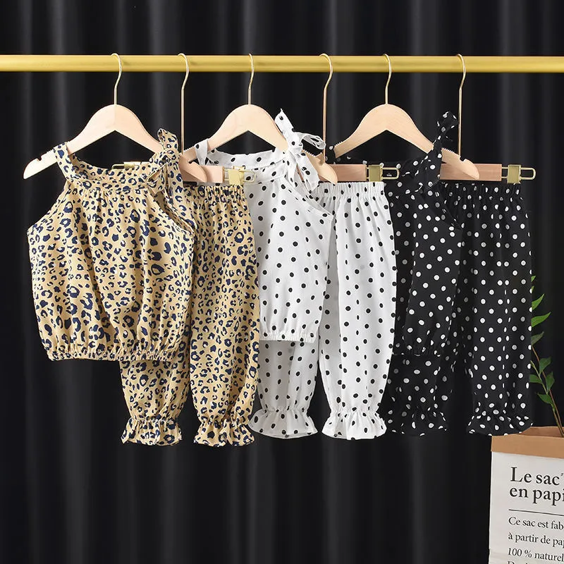 Children Kids Toddlers Girls Sleeveless Suspender Top And Pants 2pcs Set Casual Floral Polka Dot Leopard Print Suit
