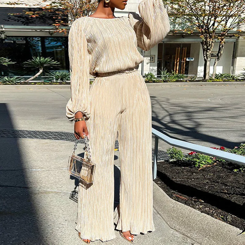 Women Solid Color Round Neck Long Sleeve Loose Pleated Top And Wide Leg Pants Two-Piece Set