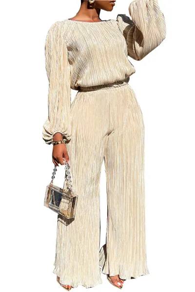 Women Solid Color Round Neck Long Sleeve Loose Pleated Top And Wide Leg Pants Two-Piece Set