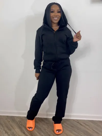 Women Solid Color Hooded Long Sleeve Zipper Top And Pants Athletic Two-Piece Set