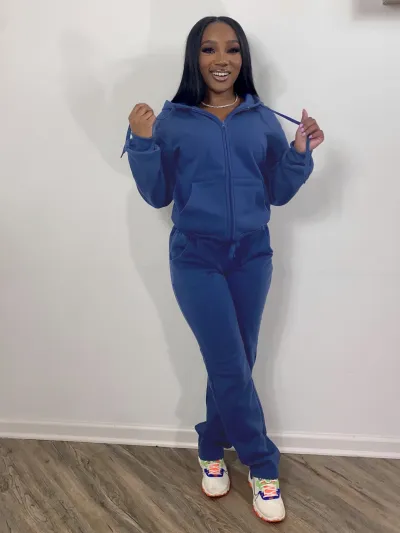 Women Solid Color Hooded Long Sleeve Zipper Top And Pants Athletic Two-Piece Set