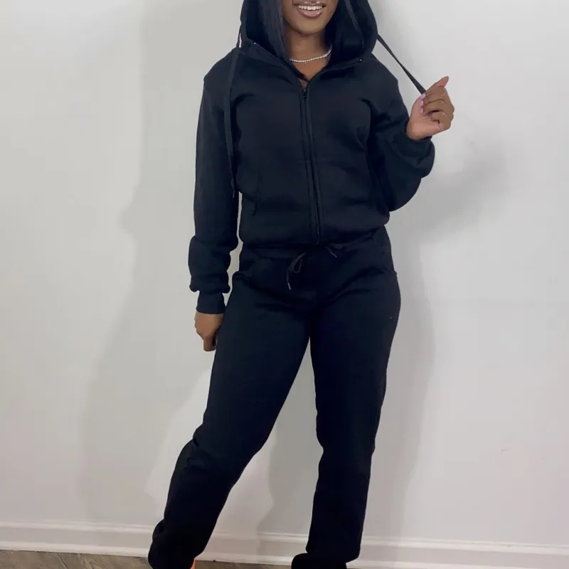Women Solid Color Hooded Long Sleeve Zipper Top And Pants Athletic Two-Piece Set