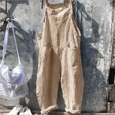 Women Stripe Printed Suspender Pocket Loose Casual Jumpsuit
