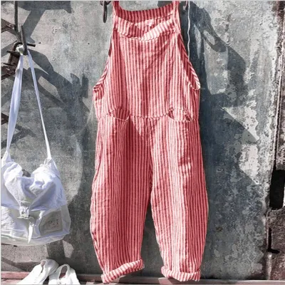 Women Stripe Printed Suspender Pocket Loose Casual Jumpsuit