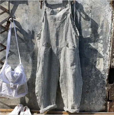 Women Stripe Printed Suspender Pocket Loose Casual Jumpsuit