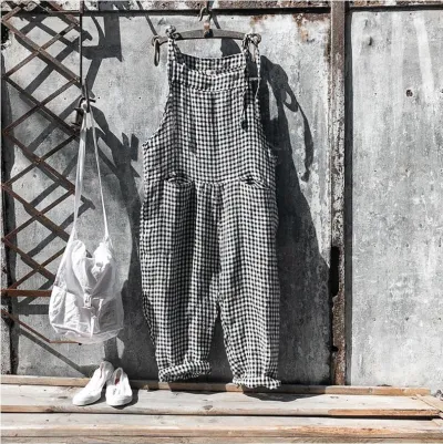 Women Stripe Printed Suspender Pocket Loose Casual Jumpsuit