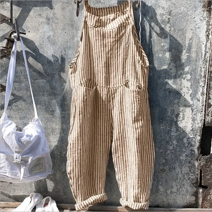 Women Stripe Printed Suspender Pocket Loose Casual Jumpsuit