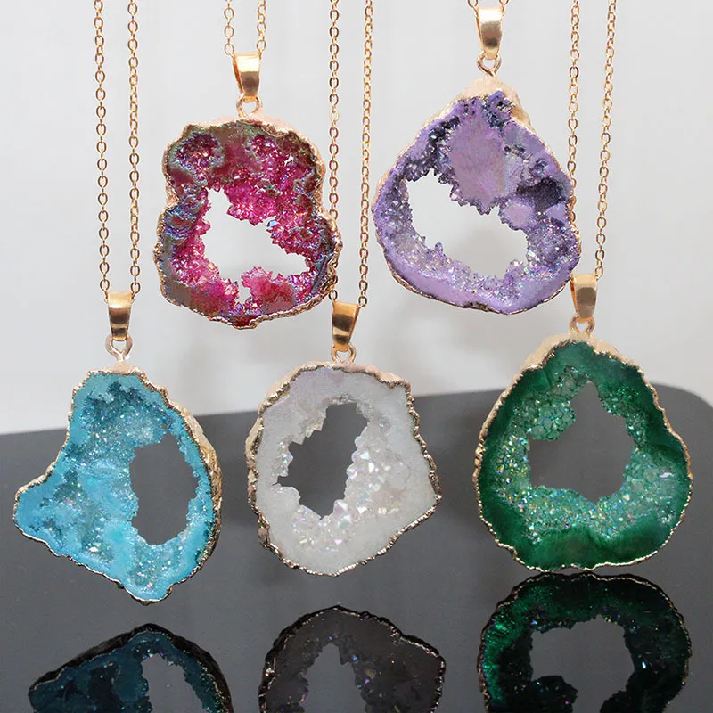 Natural Agate Stone Colorful Irregular Crystal Cluster Pendant Necklace Without Chain