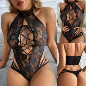 Sexy Hollow Lace Strap See-Through Sleepwear Bodysuit