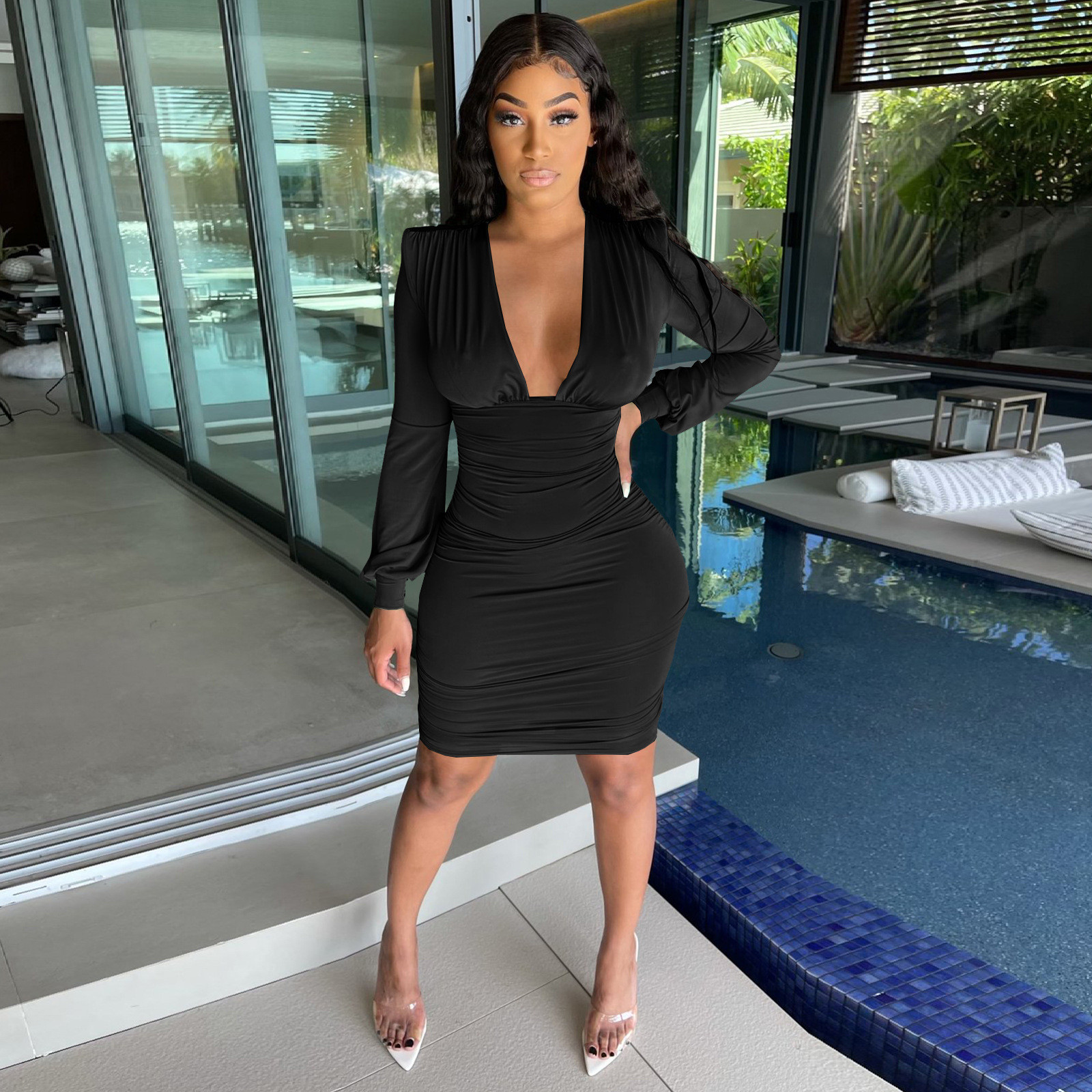 Wholesale Women Fashion Sexy Deep V Neck Long Sleeve Solid Wholesale Women Fashion Sexy Deep V Neck Long Sleeve Solid