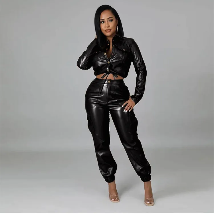 Women Autumn Winter Slim PU Leather Solid Color Crop Jacket Pants Set