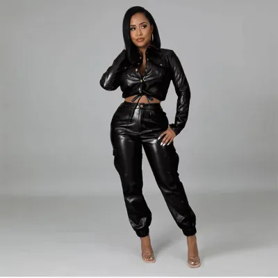 Women Autumn Winter Slim PU Leather Solid Color Crop Jacket Pants Set