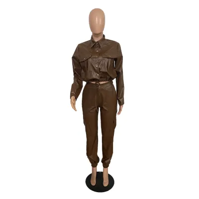Women Autumn Winter Slim PU Leather Solid Color Crop Jacket Pants Set