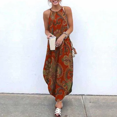 Summer Women Fashion Boho Style Paisley Print Halter Neck Maxi Dress