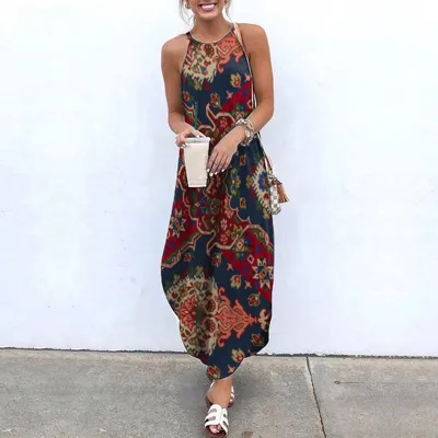 Summer Women Fashion Boho Style Paisley Print Halter Neck Maxi Dress