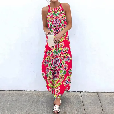 Summer Women Fashion Boho Style Paisley Print Halter Neck Maxi Dress