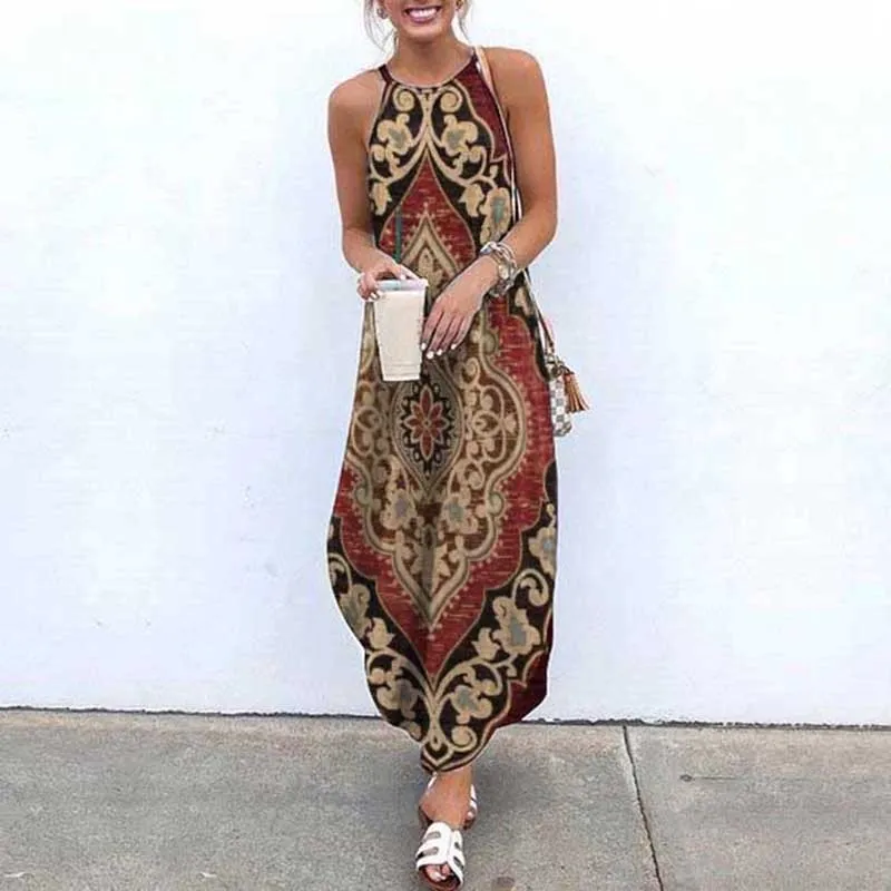 Summer Women Fashion Boho Style Paisley Print Halter Neck Maxi Dress