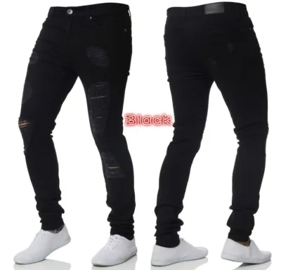 Men Simple Frayed Skinny Denim Jeans High Waist Long Cotton Office Pants