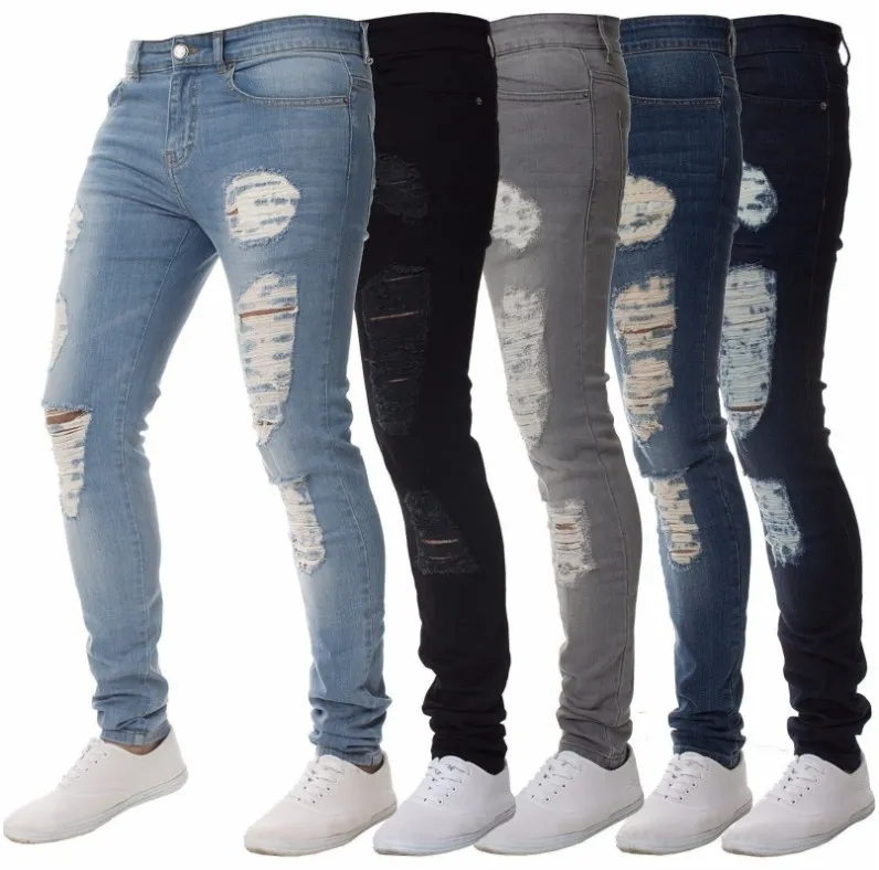 Men Simple Frayed Skinny Denim Jeans High Waist Long Cotton Office Pants
