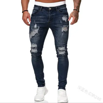 Men Fashion Ripped White Slim-Fit Denim Distressed Pencil Trousers
