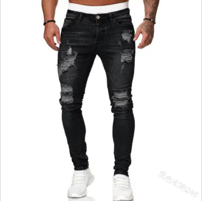 Men Fashion Ripped White Slim-Fit Denim Distressed Pencil Trousers