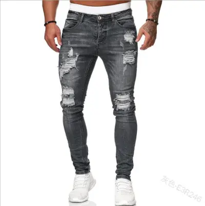Men Fashion Ripped White Slim-Fit Denim Distressed Pencil Trousers