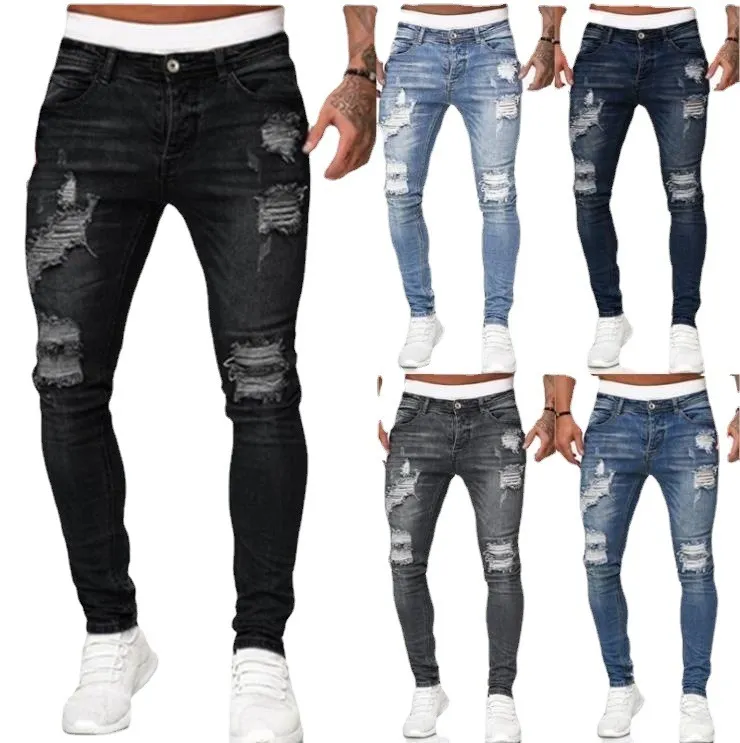 Men Fashion Ripped White Slim-Fit Denim Distressed Pencil Trousers