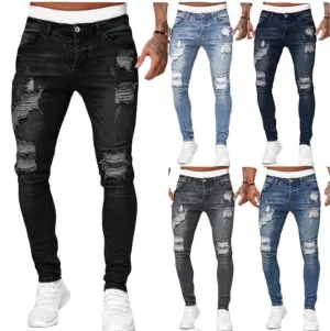 Men Fashion Ripped White Slim-Fit Denim Distressed Pencil Trousers