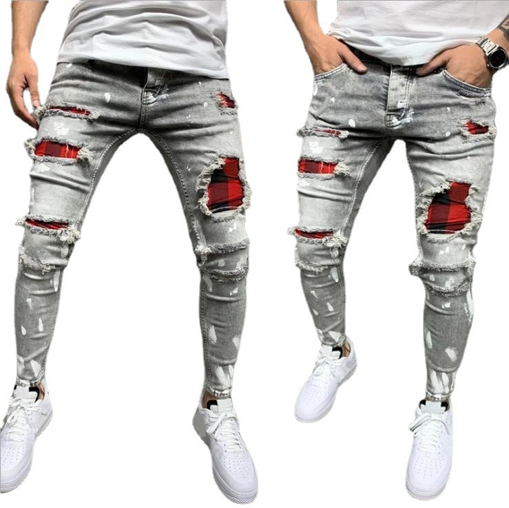 Wholesale Men Fashion Blue Ripped Printed Patch Stretch Wholesale Men Fashion Blue Ripped Printed Patch Stretch