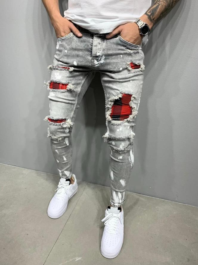 Wholesale Men Fashion Blue Ripped Printed Patch Stretch Wholesale Men Fashion Blue Ripped Printed Patch Stretch