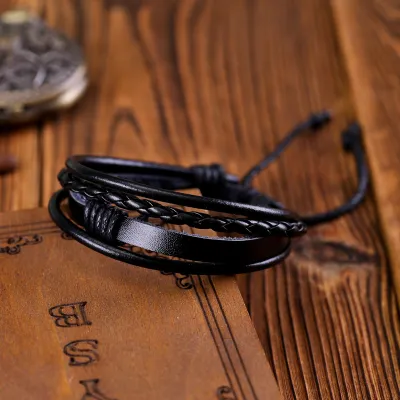 Men Retro Multi-Layer Handwoven PU Bracelet