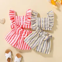 Toddlers Newborn Baby Girls Ruffle Sleeve Stripe Top And Shorts 2pcs Set