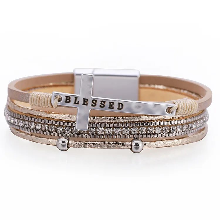 Women'S Fashion Cross Diamond Leather Magnetic Buckle Bracelet
