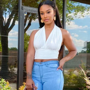 Women Sexy Solid Color V Neck Backless Halter Neck Crop Top