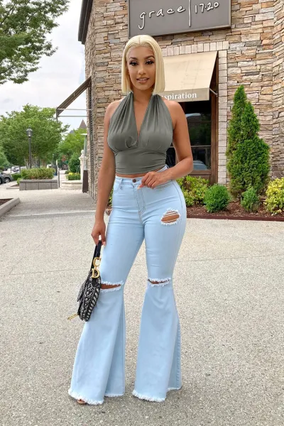 Women Sexy Solid Color V Neck Backless Halter Neck Crop Top