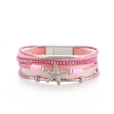 Women's Fashion Layered Leather Diamond Starfish Bracelet