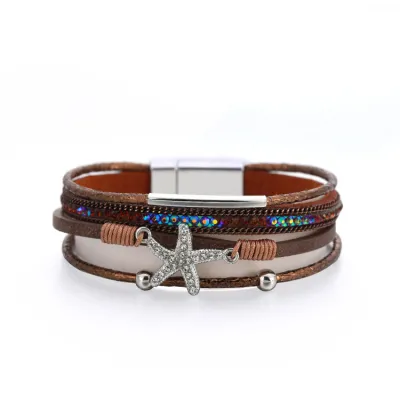 Women's Fashion Layered Leather Diamond Starfish Bracelet