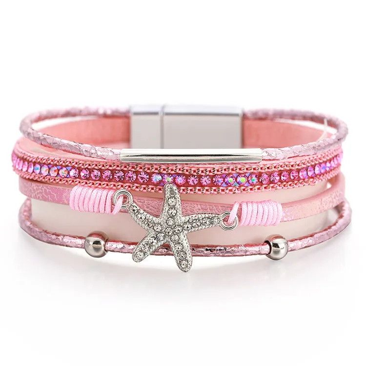 Women's Fashion Layered Leather Diamond Starfish Bracelet