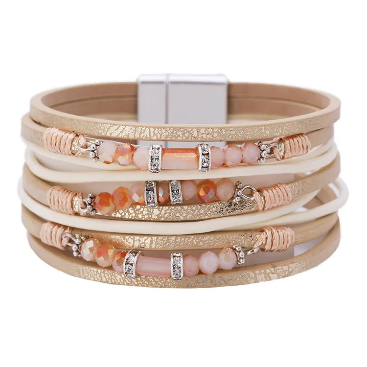 Women's Fashion Multilayer Crystal Beaded Leather Bracelet
