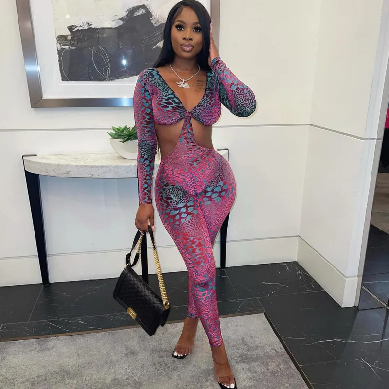 Women Fashion Sexy Snake Pattern Cut Out Long Sleeve Rompers
