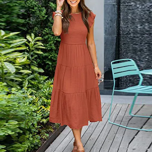 Summer Women Casual Boho Cap Sleeve Midi Dress Chiffon High Waist