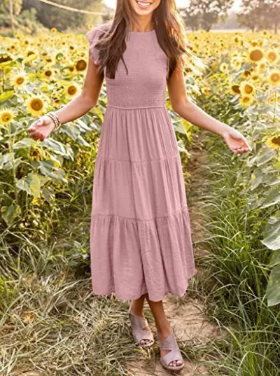 Summer Women Casual Boho Cap Sleeve Midi Dress Chiffon High Waist