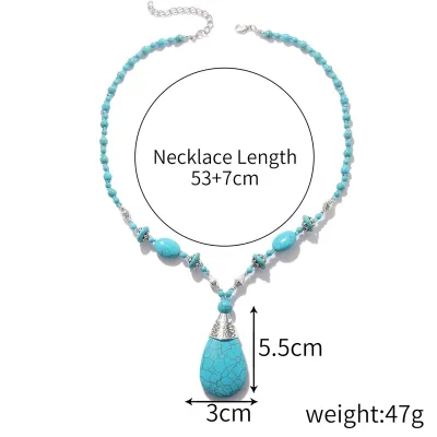 Women's Fashion Natural Green Turquoise Pendant Necklace Ethnic Retro Alloy Box Chain Geometric