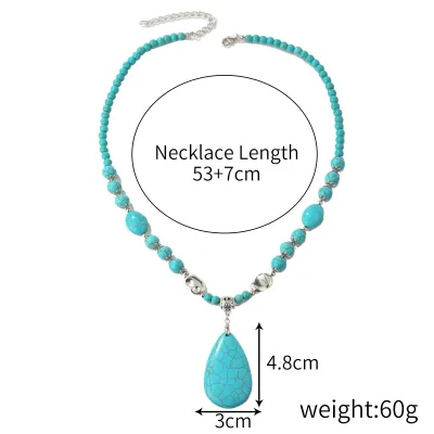 Women's Fashion Natural Green Turquoise Pendant Necklace Ethnic Retro Alloy Box Chain Geometric