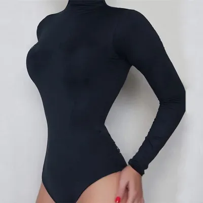 Women Sexy Solid Color Basic Turtle Neck Long Sleeve Slim Fit Bodysuit