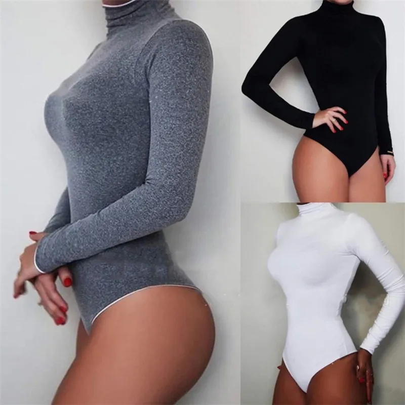 Women Sexy Solid Color Basic Turtle Neck Long Sleeve Slim Fit Bodysuit
