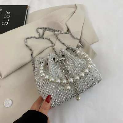 Women Fashion Pearl Bright Diamond Chain PU Bucket Crossbody Bag