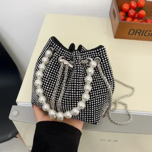 Women Fashion Pearl Bright Diamond Chain PU Bucket Crossbody Bag