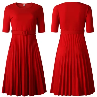 Women Fashion Short Sleeve Solid Color Pleated Midi Dress