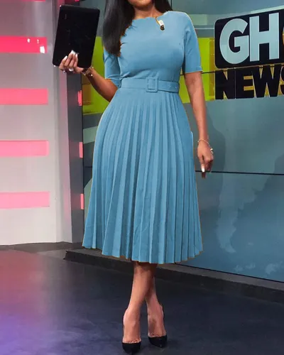Women Fashion Short Sleeve Solid Color Pleated Midi Dress